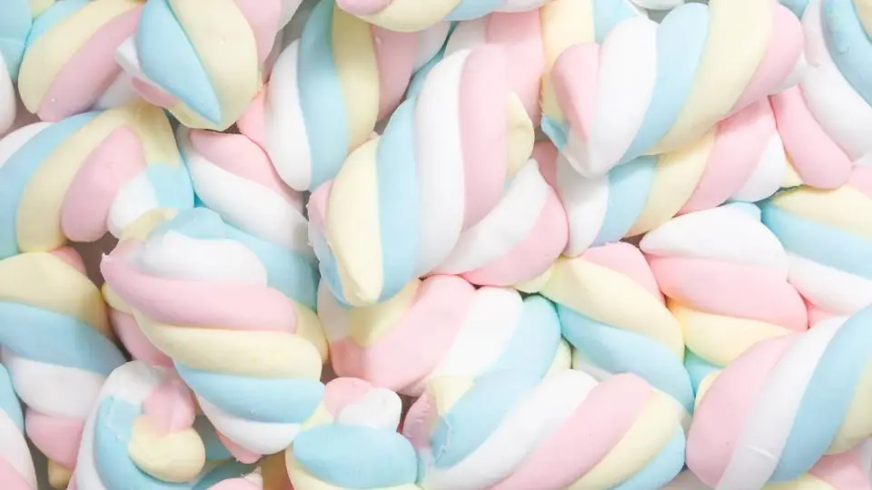 Gedrehte Marshmallows in Weiß, Blau, Gelb und Rosa